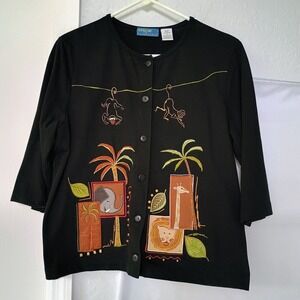 Onque Casuals Embroidered Zoo Animals Cotton‎ Cardigan Women's Size Medium Beads